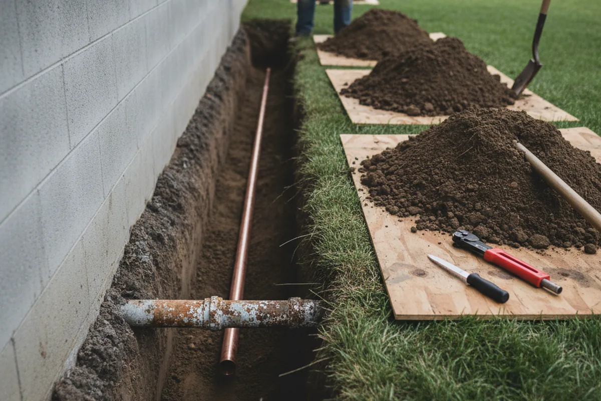 Excavated water line trench during Sewer Line Repair in Smithville